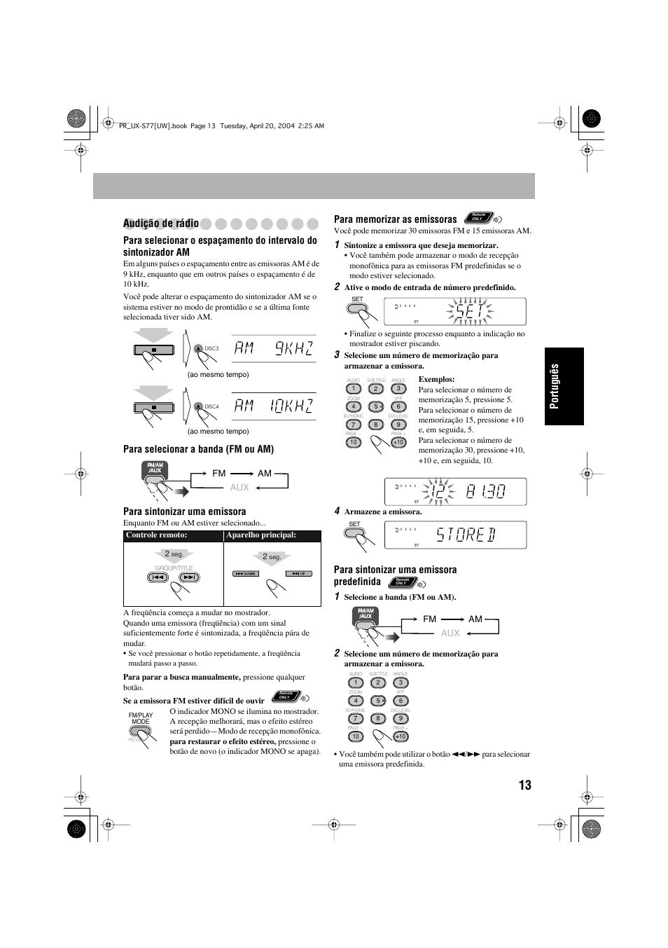 Português audição de rádio, Para sintonizar uma emissora predefinida 1 | JVC UX-S77 User Manual | Page 117 / 155