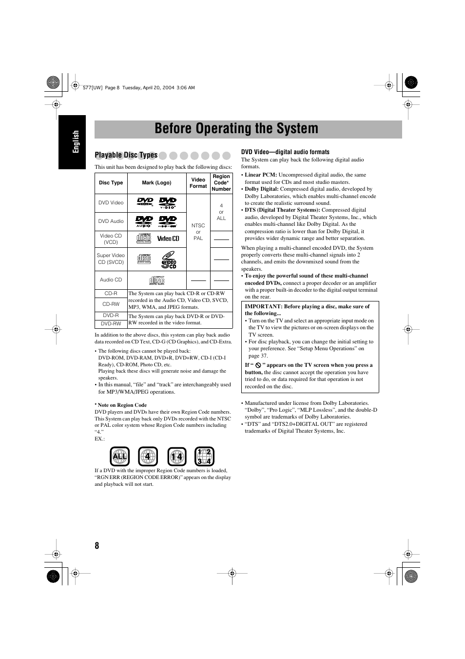Before operating the system, English, Playable disc types | JVC UX-S77 User Manual | Page 12 / 155