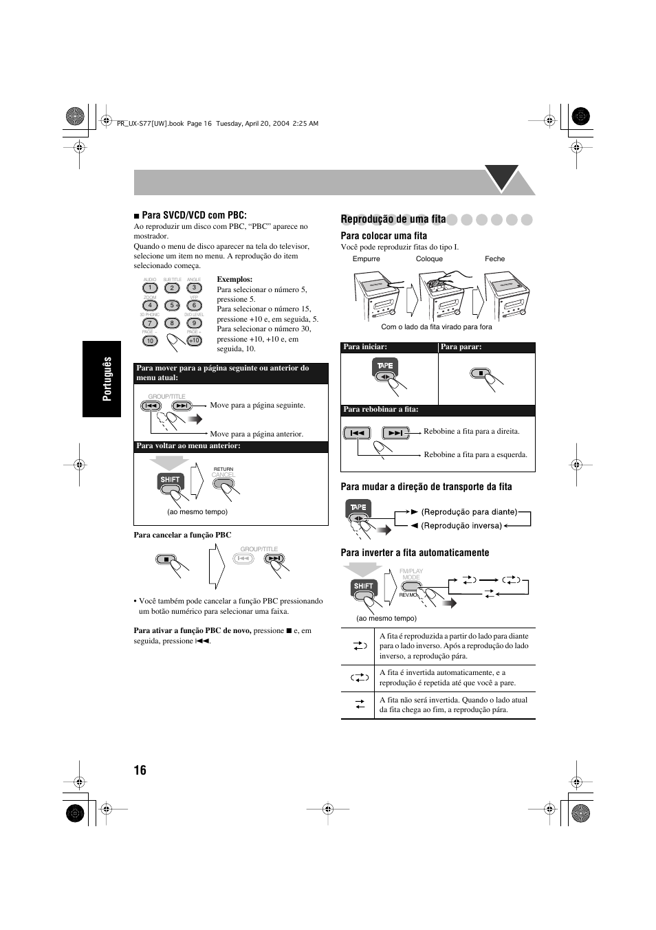 Português, Reprodução de uma fita, Para svcd/vcd com pbc | Para colocar uma fita | JVC UX-S77 User Manual | Page 120 / 155