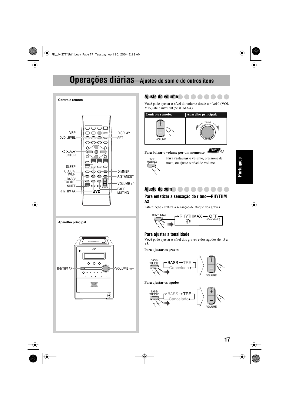Operações diárias, Ajustes do som e de outros itens | JVC UX-S77 User Manual | Page 121 / 155