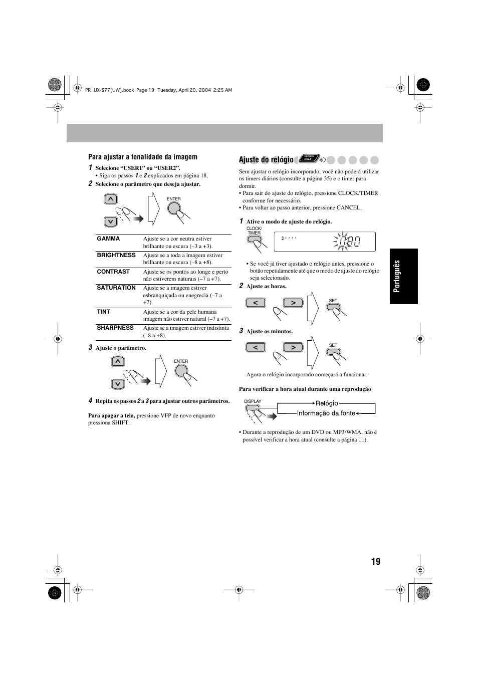 Português, Ajuste do relógio | JVC UX-S77 User Manual | Page 123 / 155