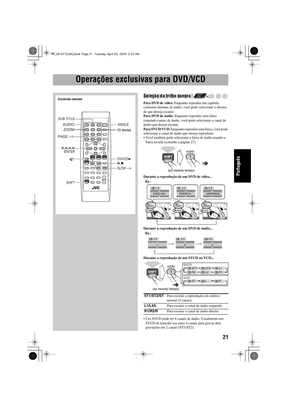 Operações exclusivas para dvd/vcd, Português, Seleção da trilha sonora | JVC UX-S77 User Manual | Page 125 / 155