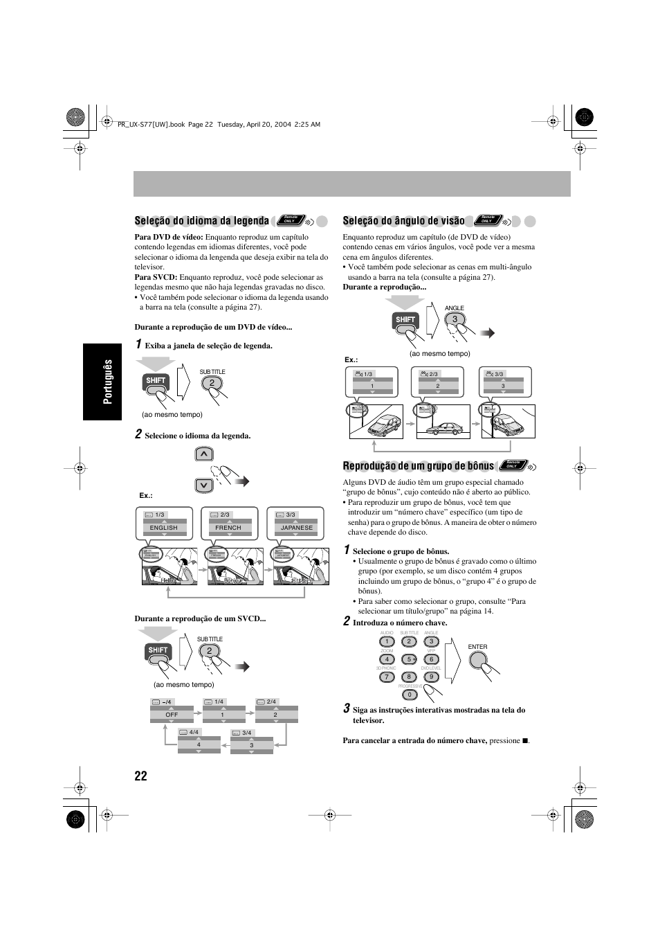 Português seleção do idioma da legenda, Seleção do ângulo de visão, Reprodução de um grupo de bônus | JVC UX-S77 User Manual | Page 126 / 155