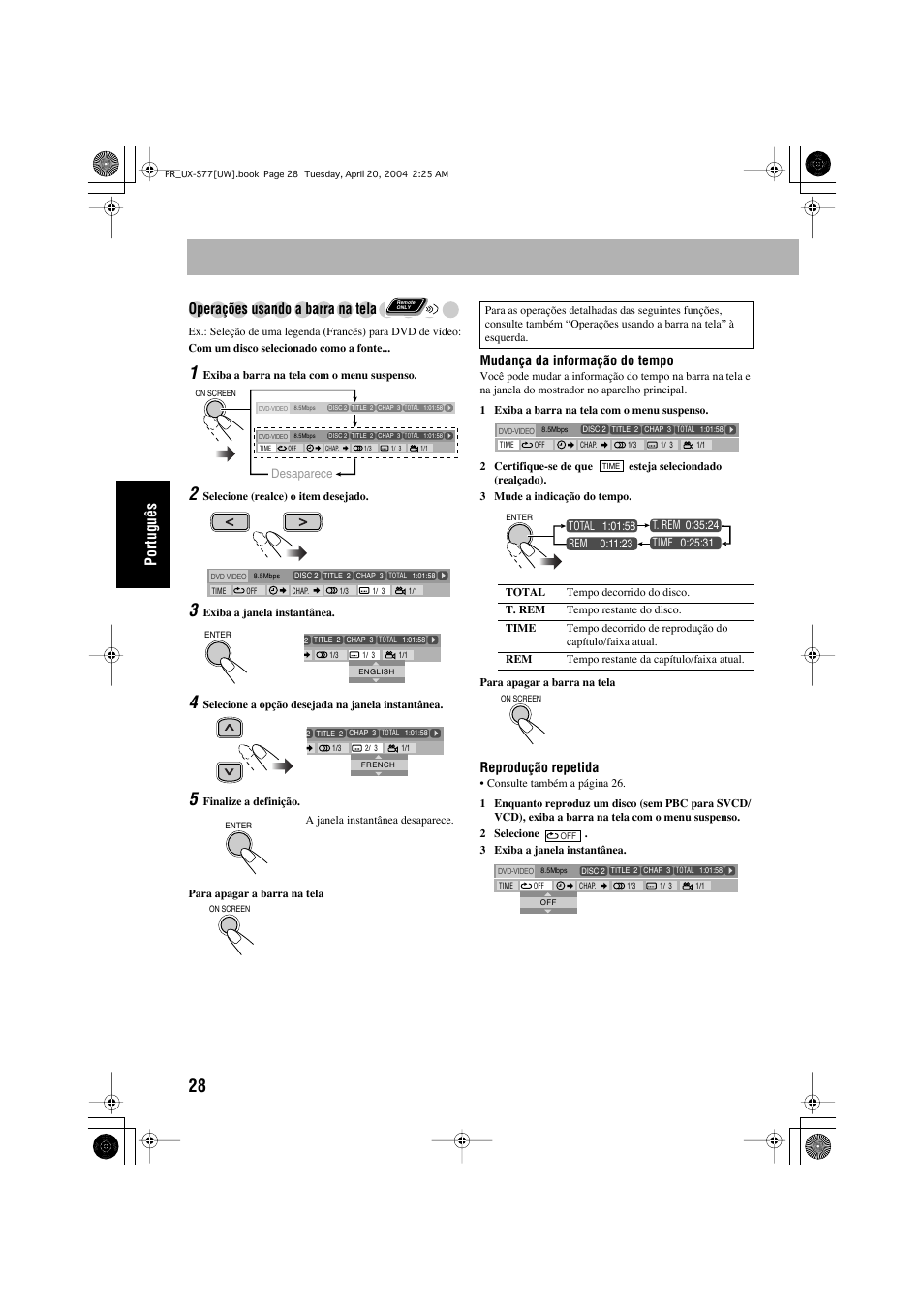 Português, Operações usando a barra na tela, Mudança da informação do tempo | Reprodução repetida, Desaparece | JVC UX-S77 User Manual | Page 132 / 155