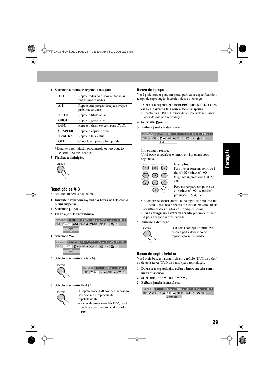 Português, Repetição de a-b, Busca do tempo | Busca de capítulo/faixa | JVC UX-S77 User Manual | Page 133 / 155