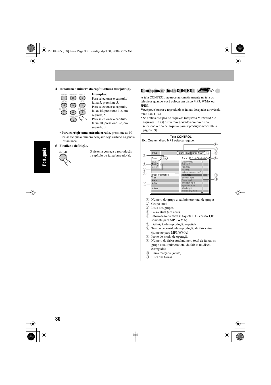 Português, Operações na tecla control | JVC UX-S77 User Manual | Page 134 / 155