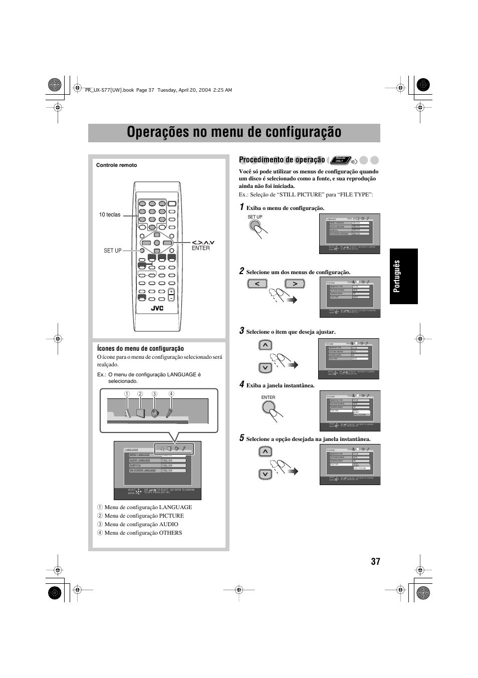 Operações no menu de configuração, Português, Procedimento de operação | Ícones do menu de configuração, Exiba o menu de configuração, Selecione um dos menus de configuração, Selecione o item que deseja ajustar, Exiba a janela instantânea | JVC UX-S77 User Manual | Page 141 / 155