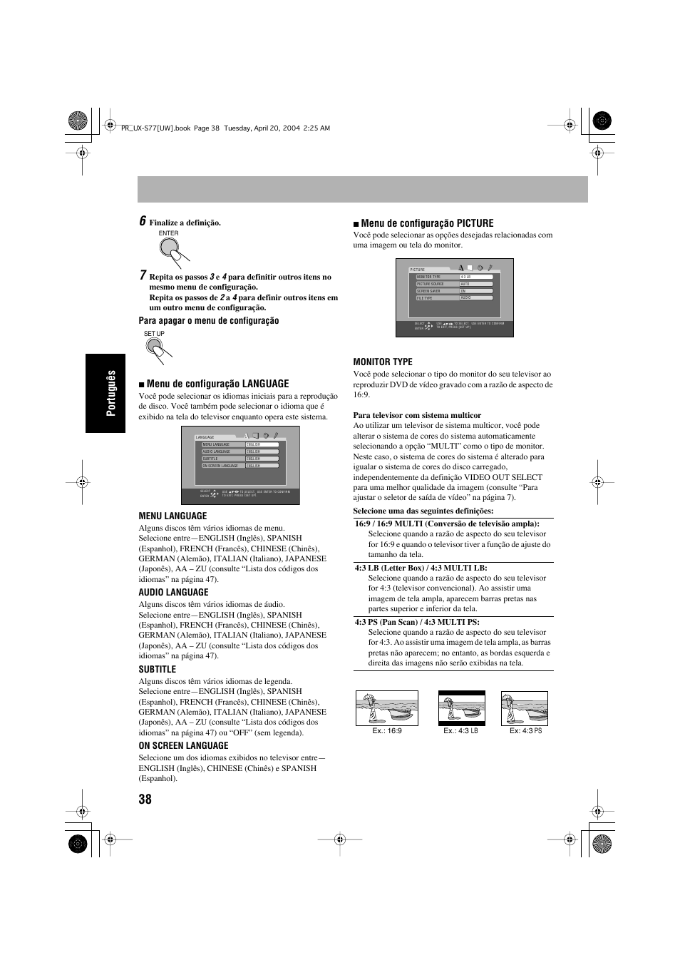 Português, Menu de configuração language, Menu de configuração picture | JVC UX-S77 User Manual | Page 142 / 155