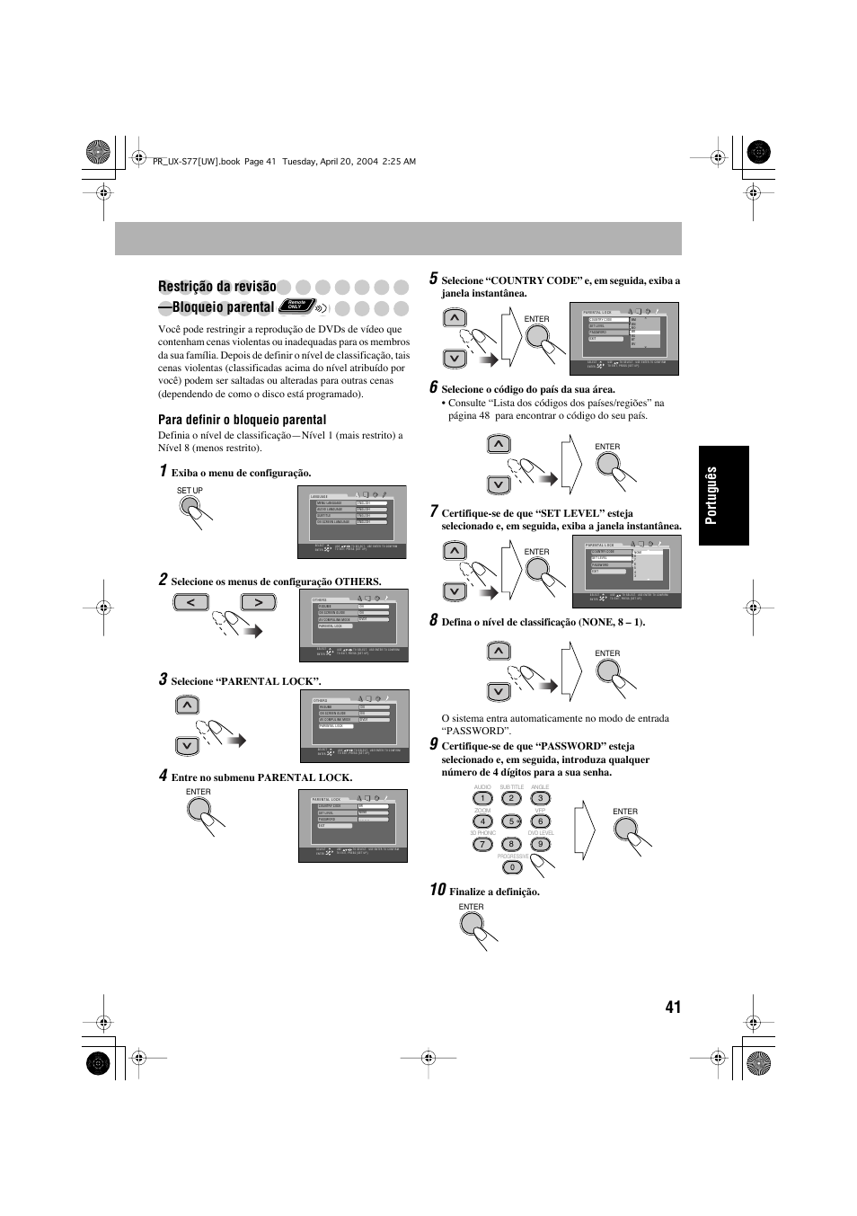 Português restrição da revisão —bloqueio parental, Para definir o bloqueio parental | JVC UX-S77 User Manual | Page 145 / 155