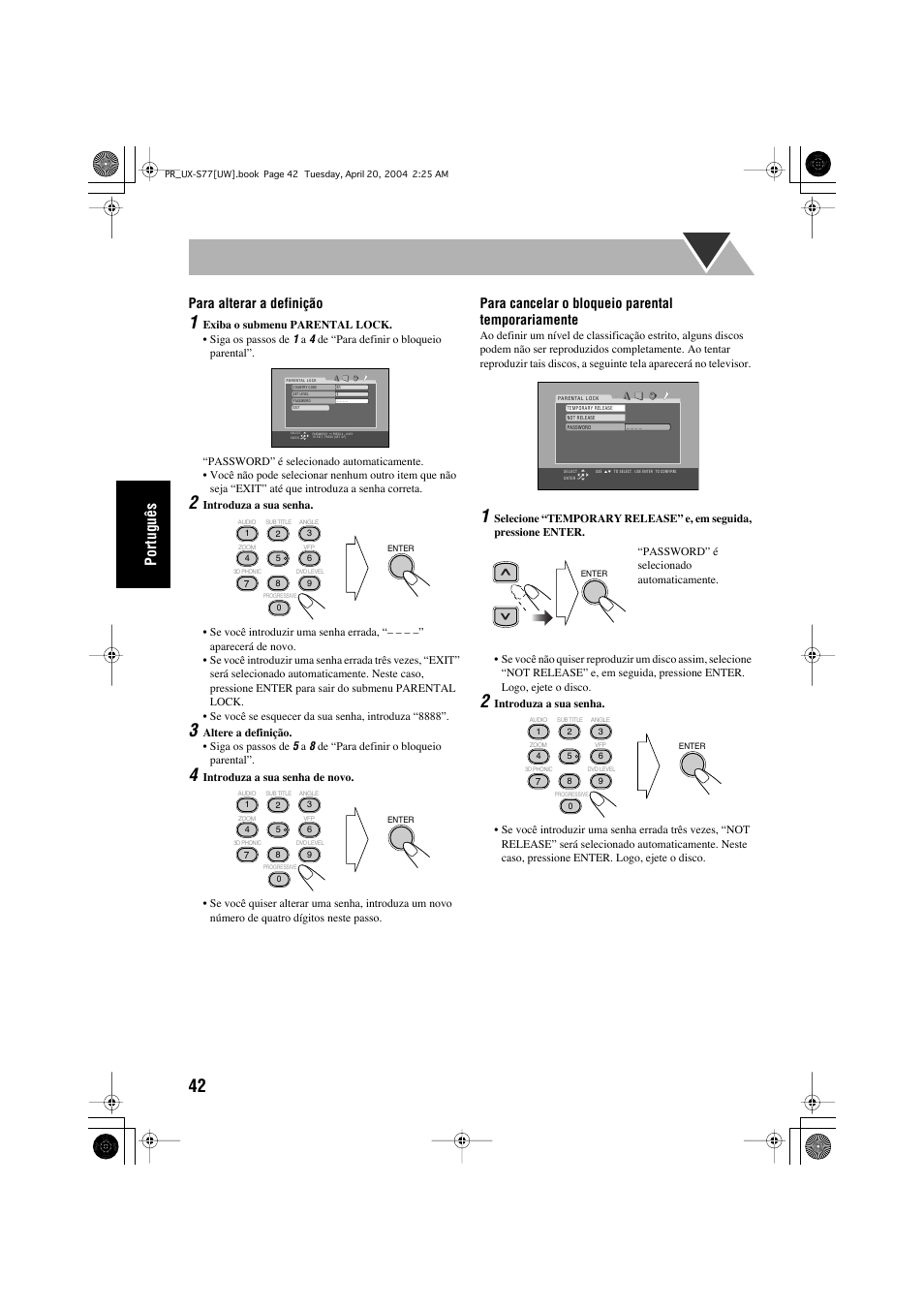 Português, Para alterar a definição, Para cancelar o bloqueio parental temporariamente | JVC UX-S77 User Manual | Page 146 / 155