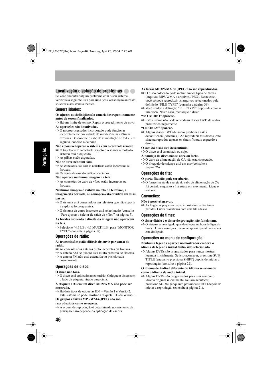 Português localização e solução de problemas | JVC UX-S77 User Manual | Page 150 / 155
