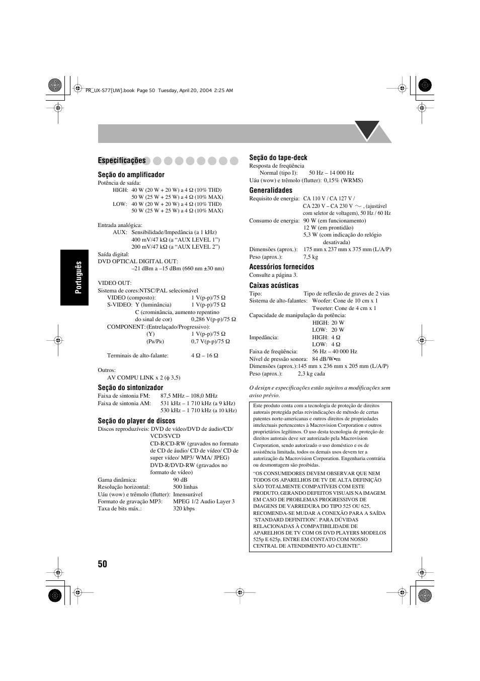 Português especificações | JVC UX-S77 User Manual | Page 154 / 155