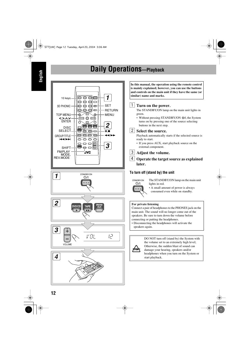 Daily operations, Playback | JVC UX-S77 User Manual | Page 16 / 155