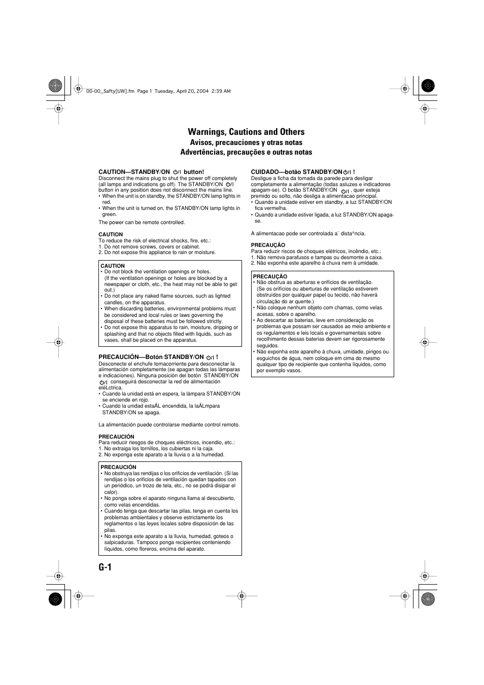 G-1 warnings, cautions and others | JVC UX-S77 User Manual | Page 2 / 155