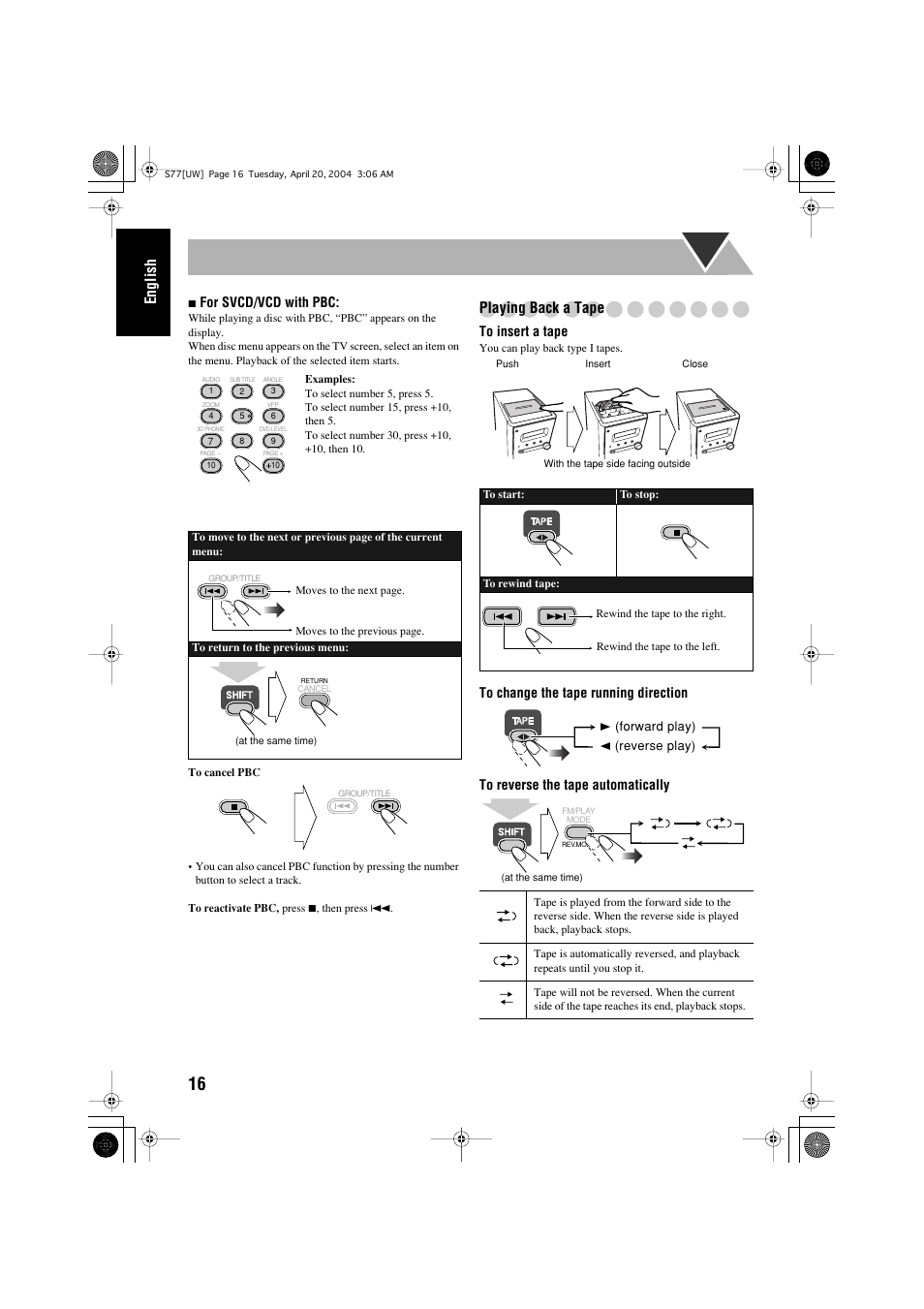 English, Playing back a tape, For svcd/vcd with pbc | JVC UX-S77 User Manual | Page 20 / 155