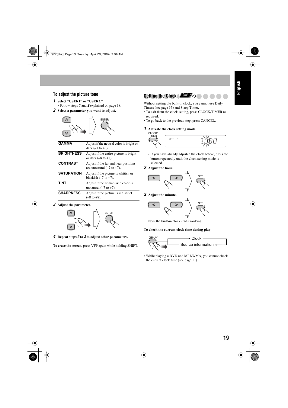 English, Setting the clock | JVC UX-S77 User Manual | Page 23 / 155