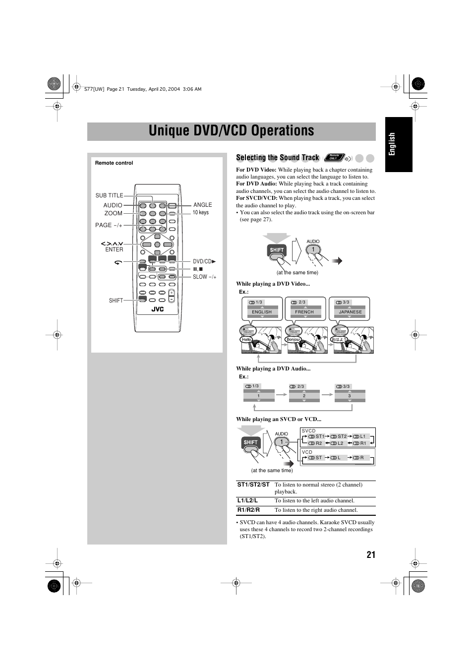Unique dvd/vcd operations, English, Selecting the sound track | JVC UX-S77 User Manual | Page 25 / 155
