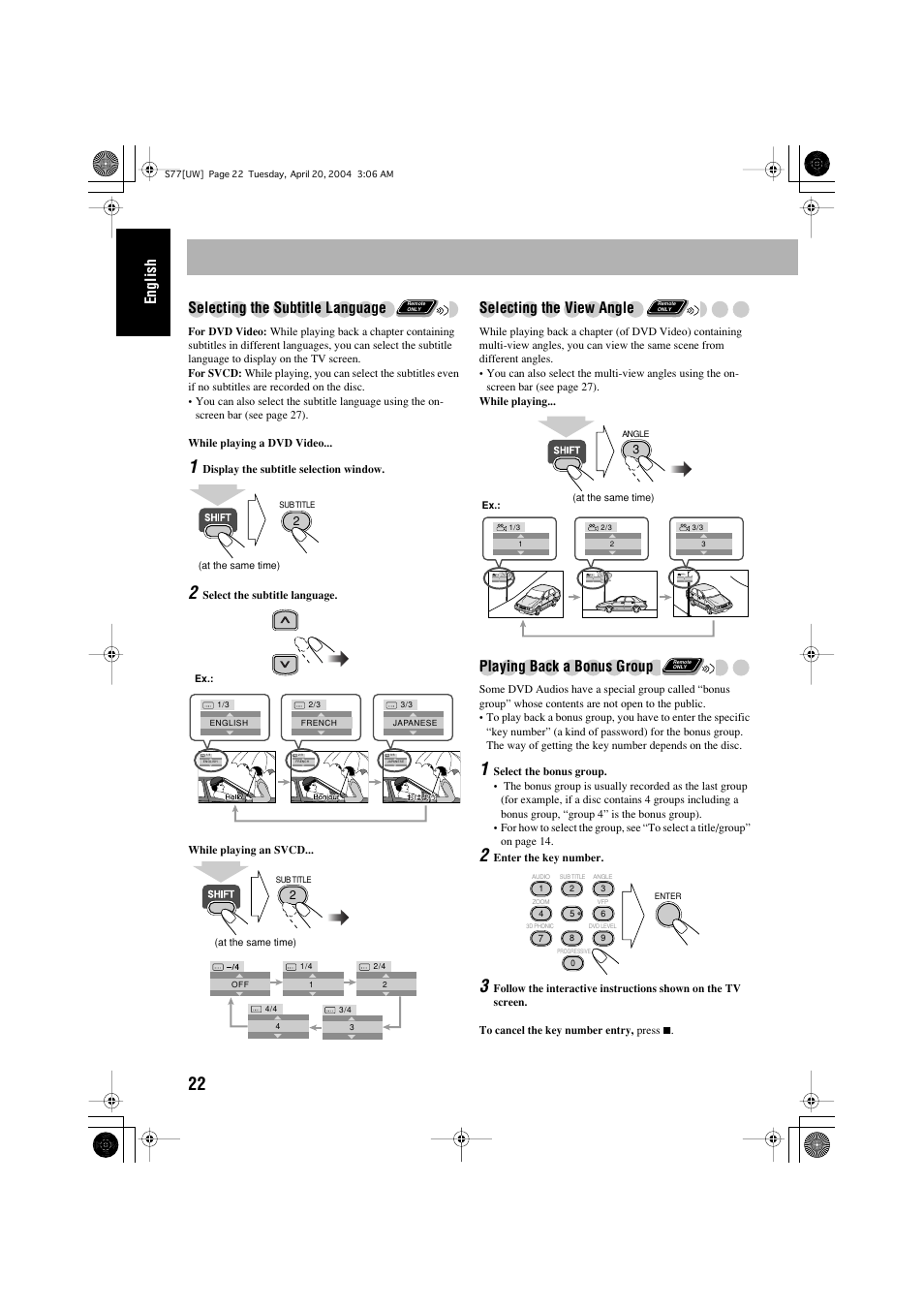 English selecting the subtitle language, Selecting the view angle, Playing back a bonus group | JVC UX-S77 User Manual | Page 26 / 155