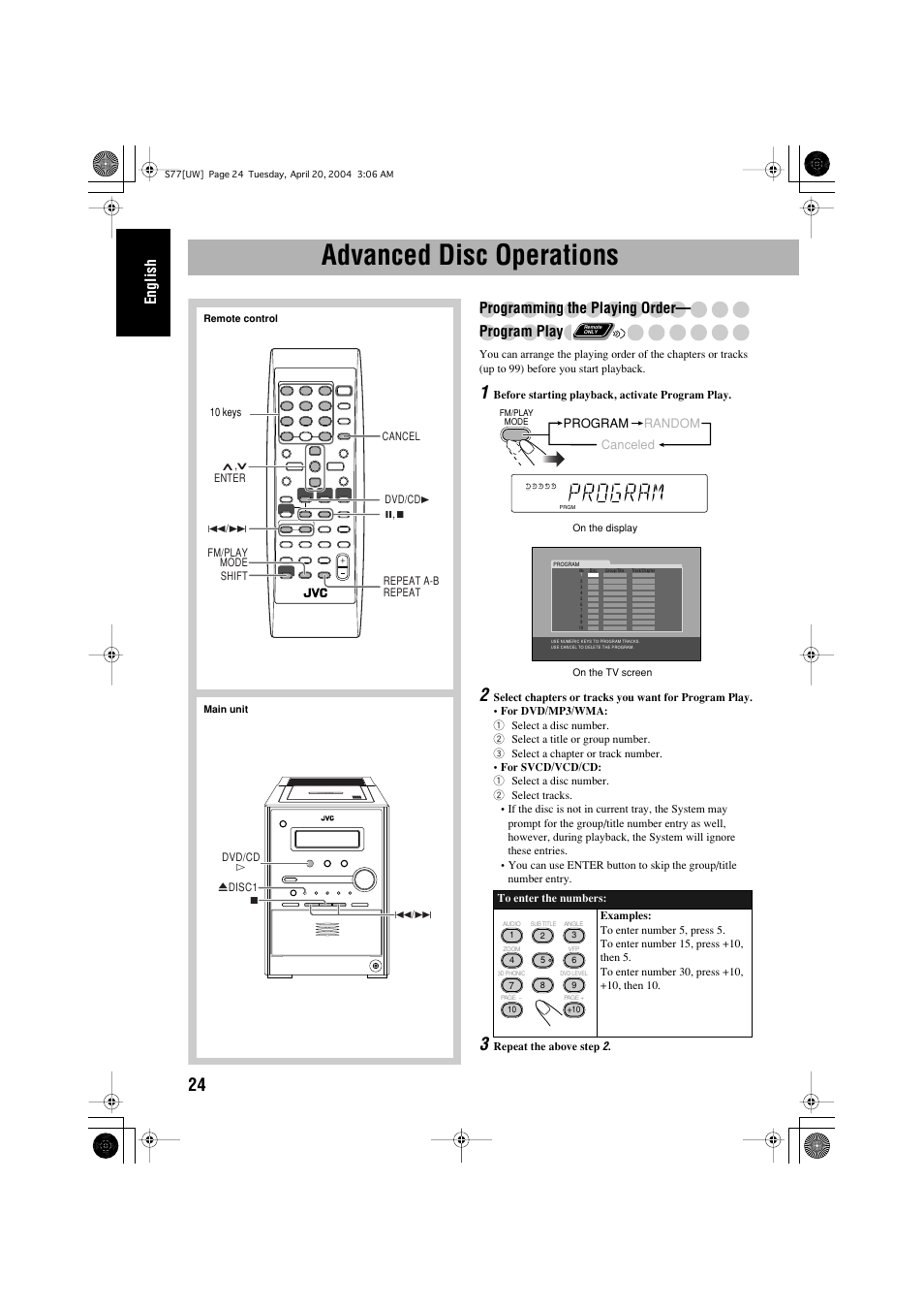 Advanced disc operations, English, Programming the playing order— program play | JVC UX-S77 User Manual | Page 28 / 155