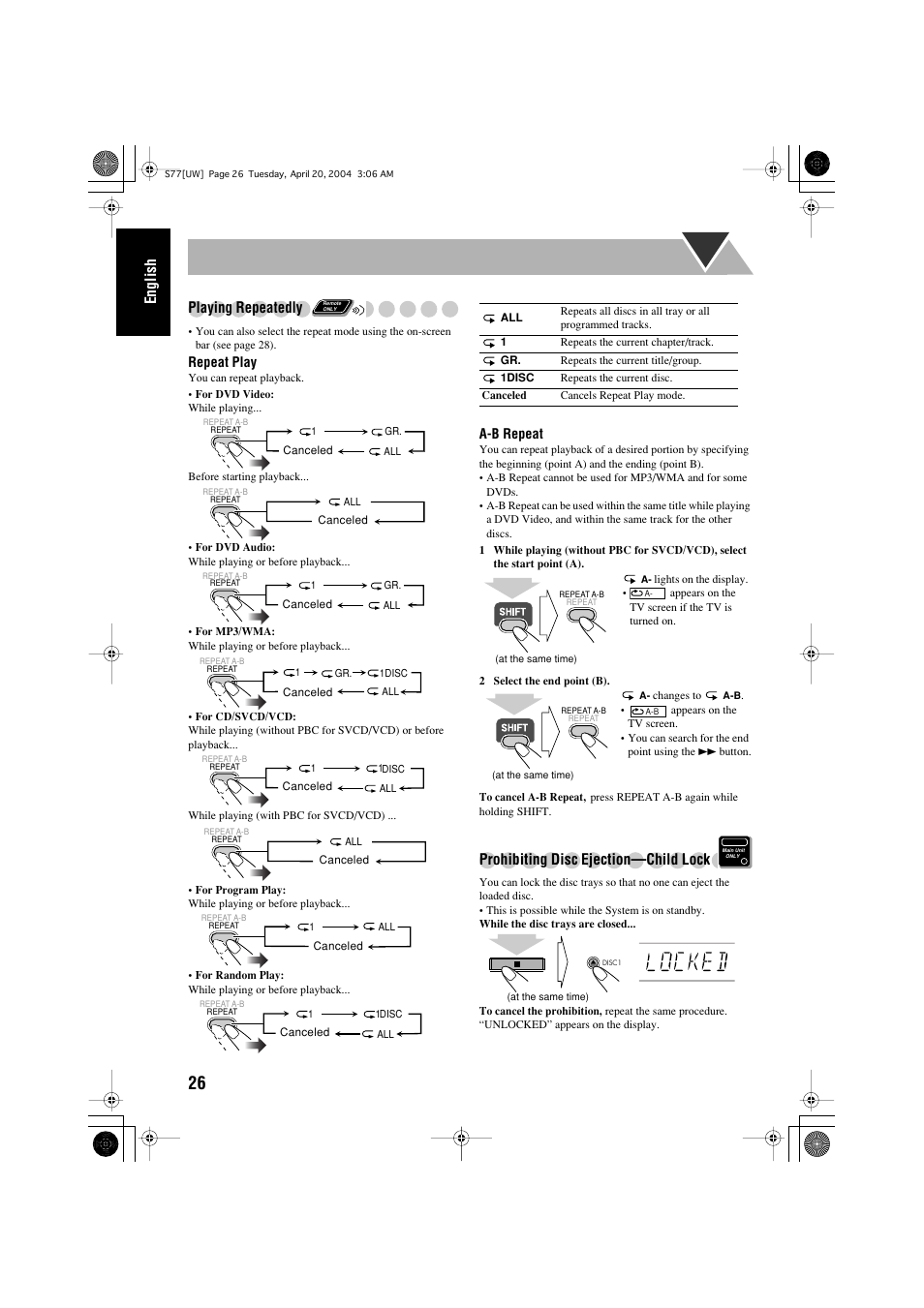 English, Playing repeatedly, Prohibiting disc ejection—child lock | JVC UX-S77 User Manual | Page 30 / 155