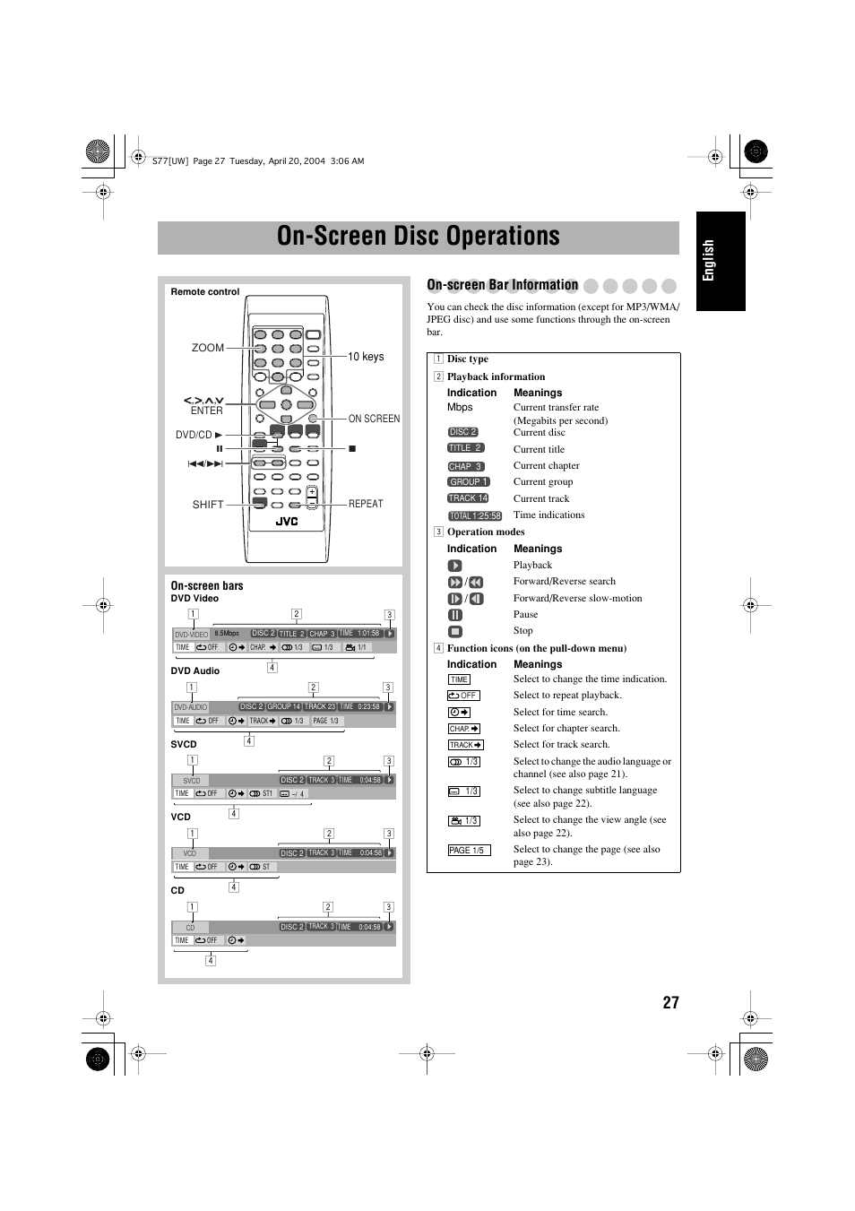 On-screen disc operations, English, On-screen bar information | JVC UX-S77 User Manual | Page 31 / 155