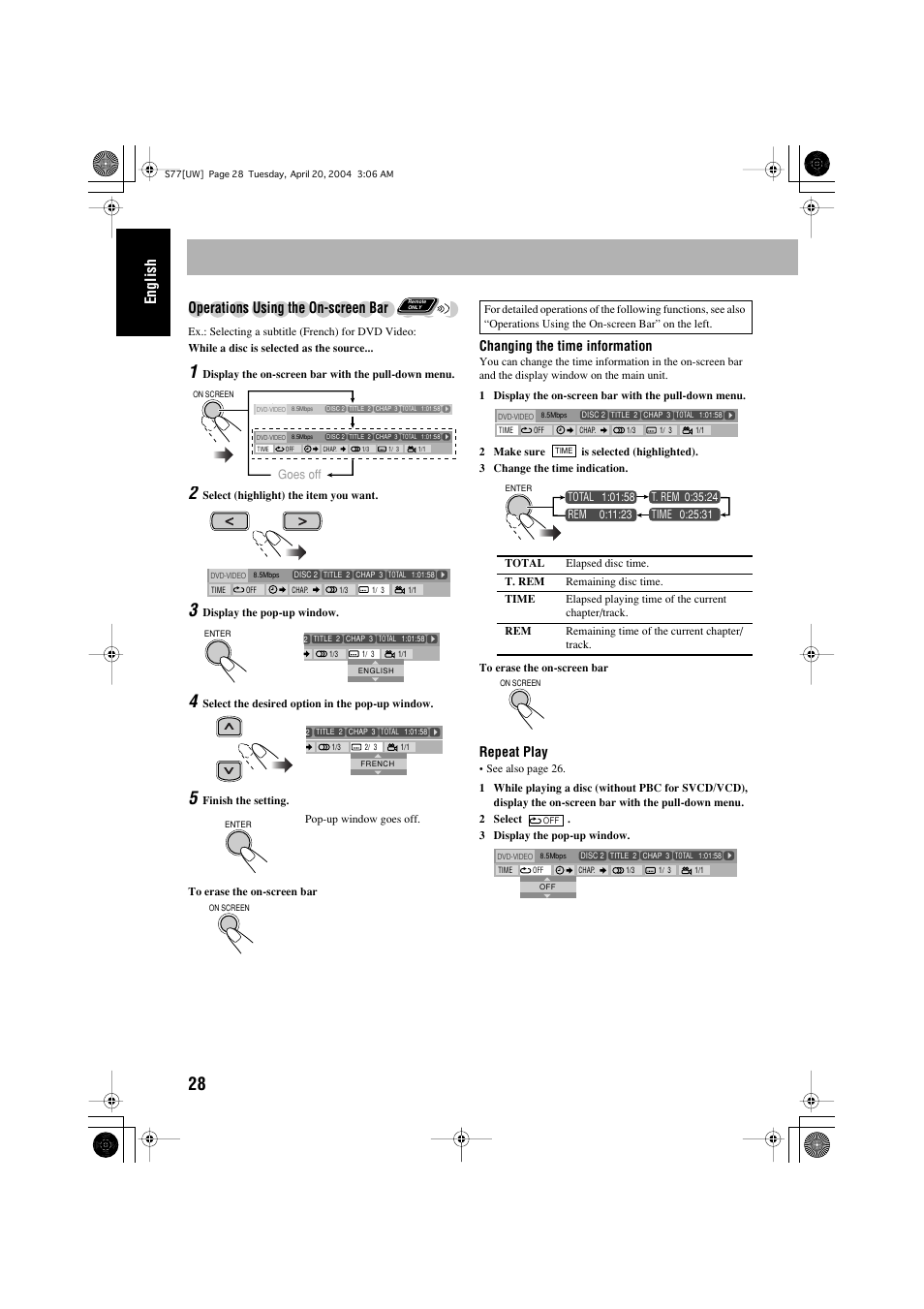 English, Operations using the on-screen bar, Changing the time information | Repeat play, Goes off | JVC UX-S77 User Manual | Page 32 / 155