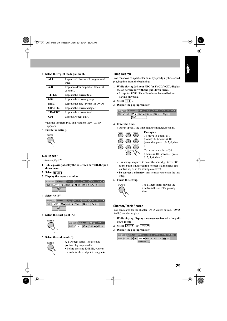 English, A-b repeat, Time search | Chapter/track search | JVC UX-S77 User Manual | Page 33 / 155