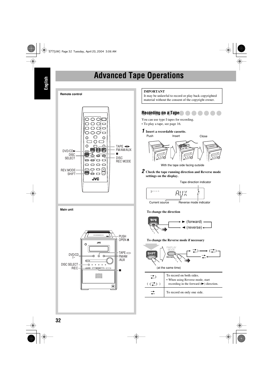 Advanced tape operations | JVC UX-S77 User Manual | Page 36 / 155