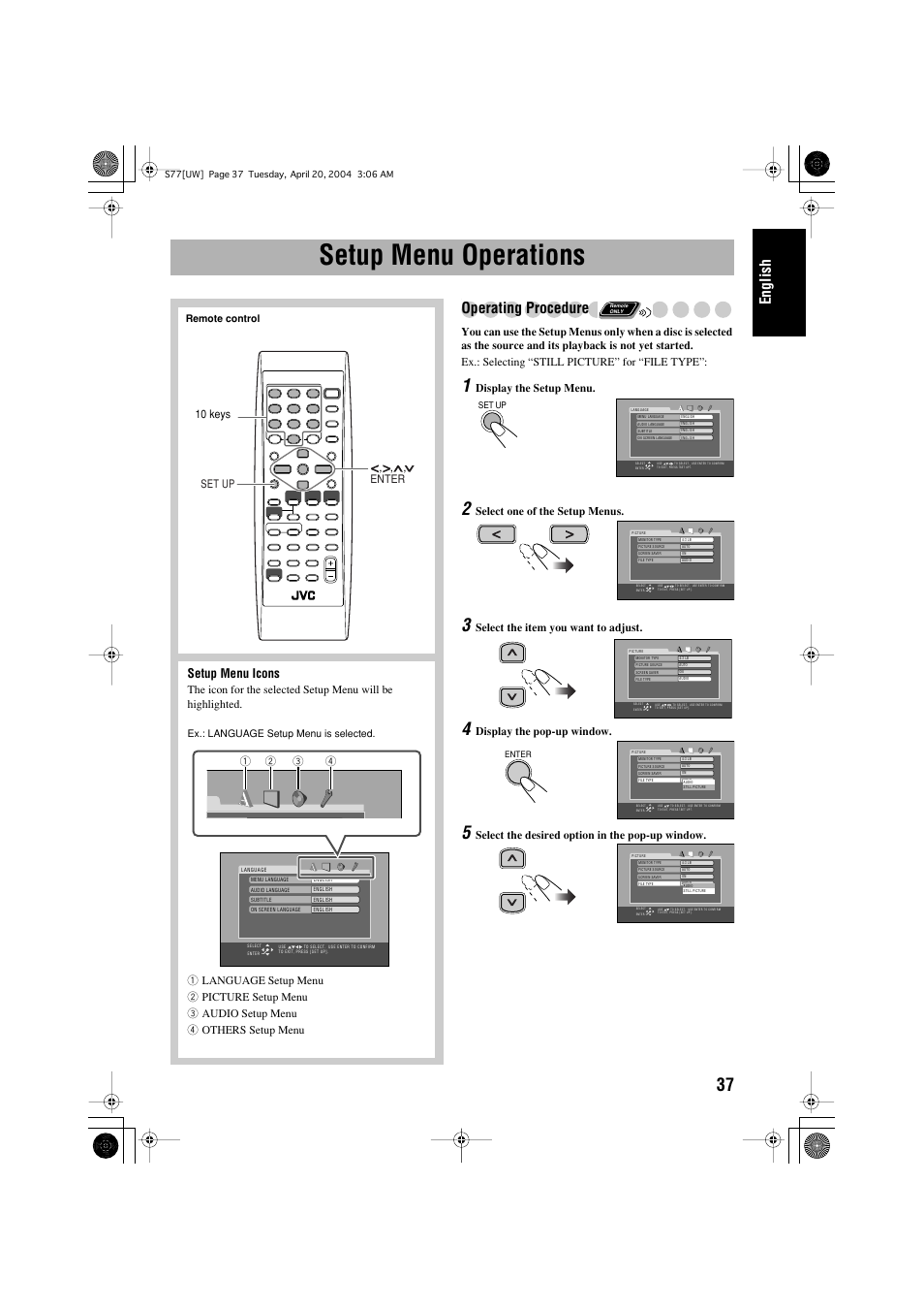 Setup menu operations, English, Operating procedure | Setup menu icons, Display the setup menu, Select one of the setup menus, Select the item you want to adjust, Display the pop-up window | JVC UX-S77 User Manual | Page 41 / 155