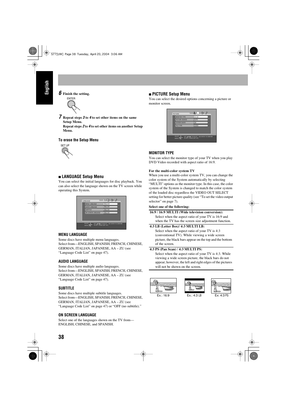 English, Language setup menu, Picture setup menu | JVC UX-S77 User Manual | Page 42 / 155