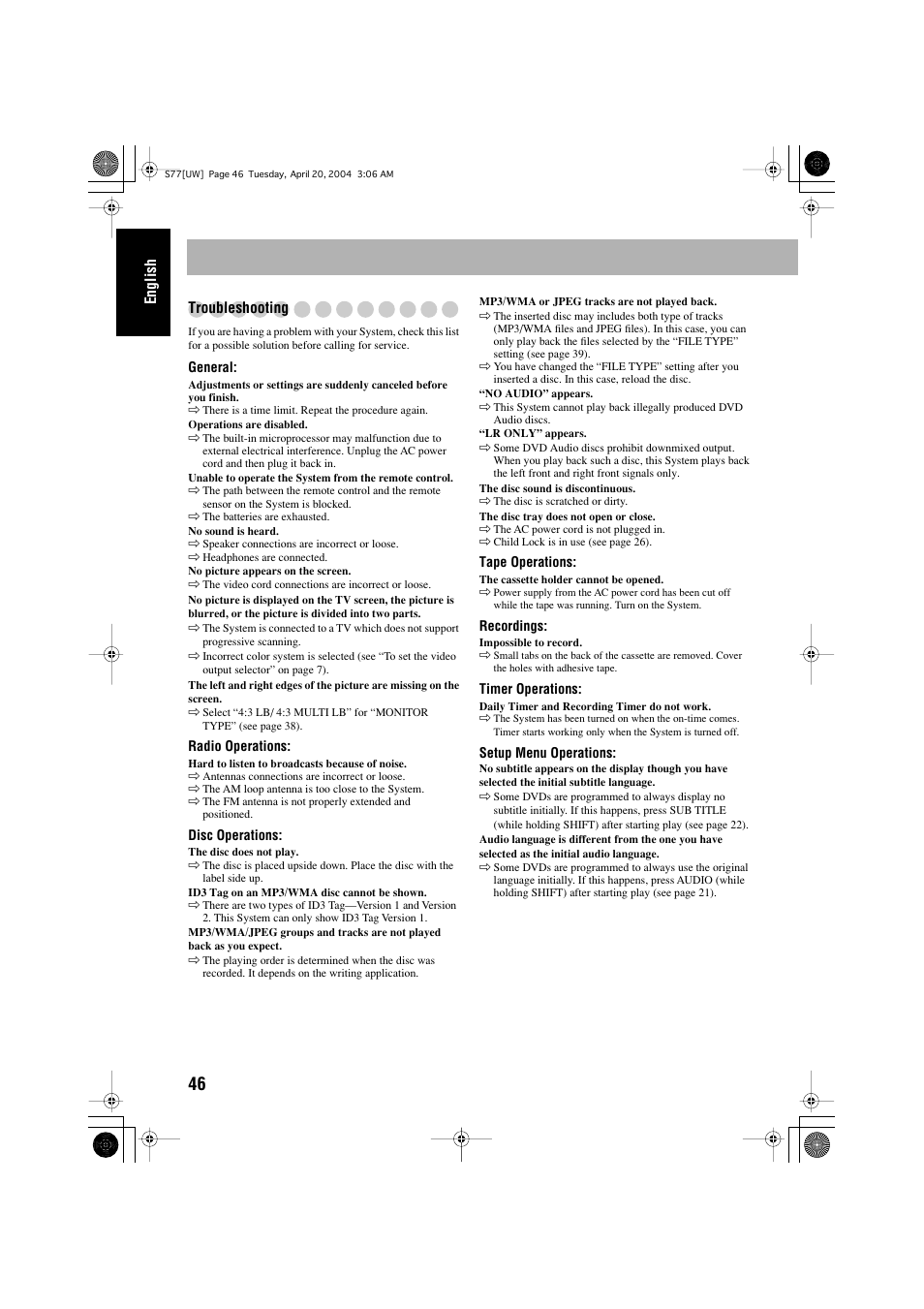 English troubleshooting | JVC UX-S77 User Manual | Page 50 / 155