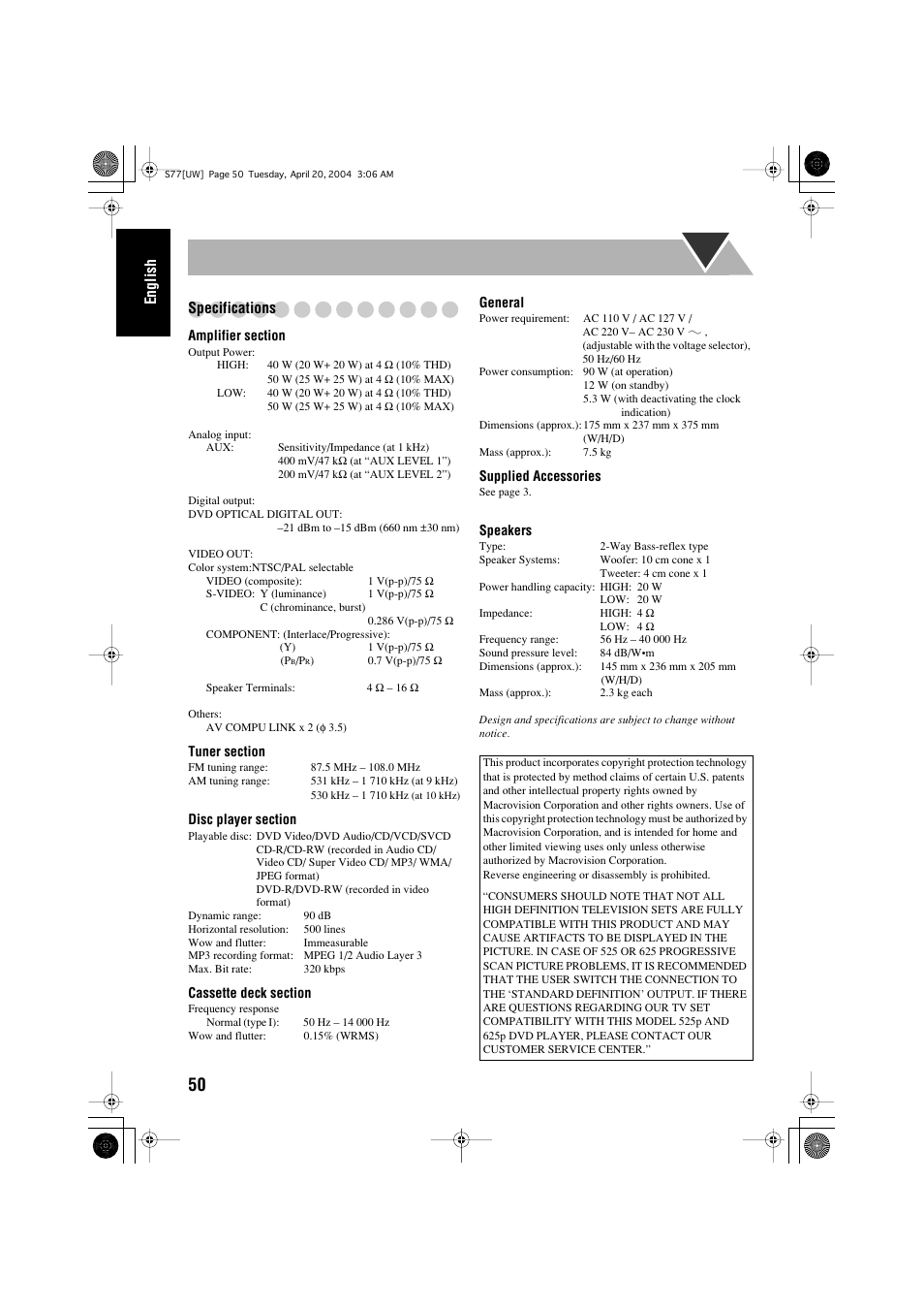English specifications | JVC UX-S77 User Manual | Page 54 / 155