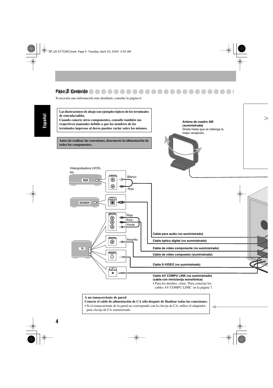 Español paso, Conexión | JVC UX-S77 User Manual | Page 58 / 155