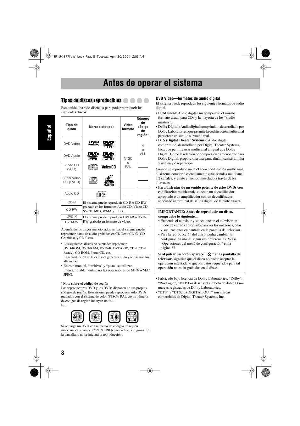 Antes de operar el sistema, Español, Tipos de discos reproducibles | JVC UX-S77 User Manual | Page 62 / 155