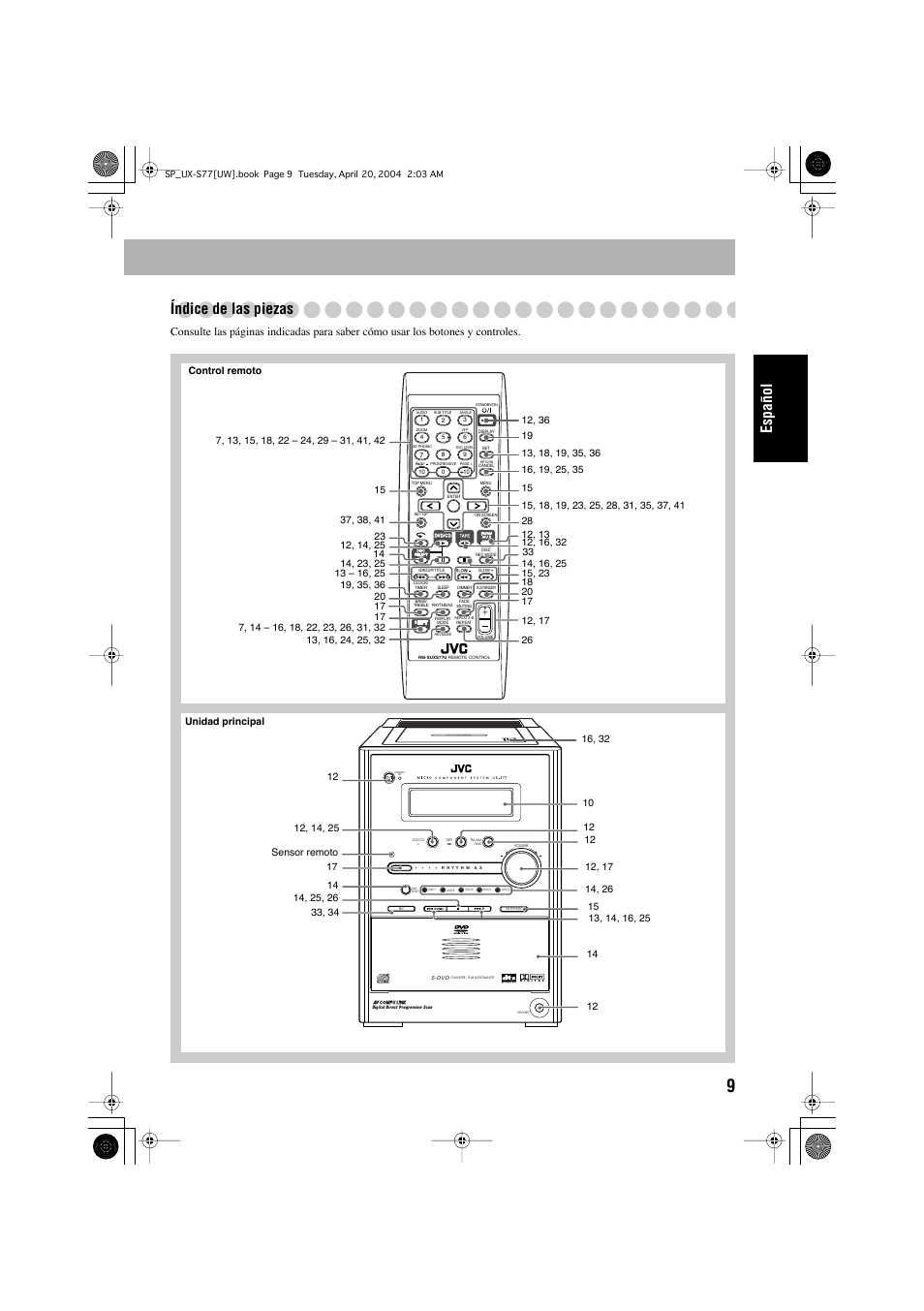 Español índice de las piezas | JVC UX-S77 User Manual | Page 63 / 155