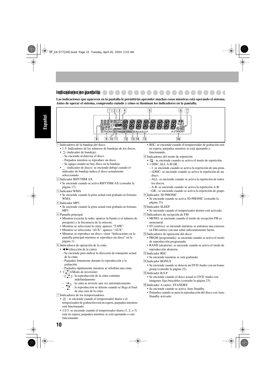 Español indicadores en pantalla | JVC UX-S77 User Manual | Page 64 / 155