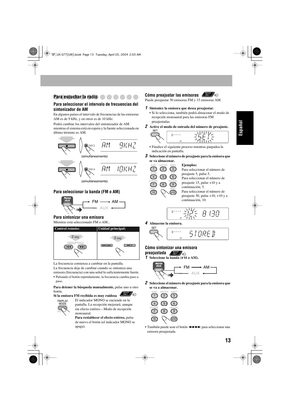 Español para escuchar la radio, Cómo preajustar las emisoras, Cómo sintonizar una emisora preajustada 1 | JVC UX-S77 User Manual | Page 67 / 155