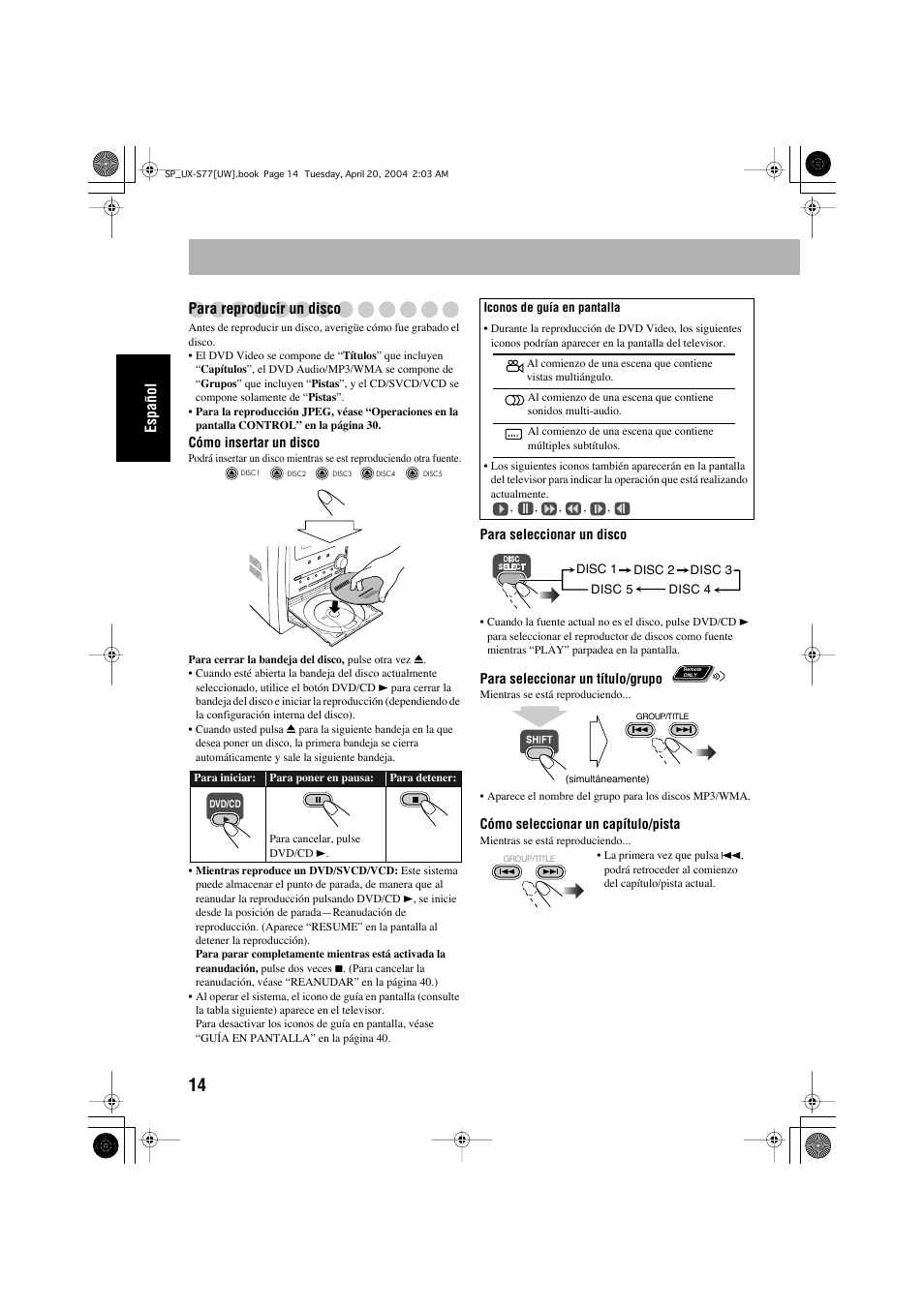 Español para reproducir un disco | JVC UX-S77 User Manual | Page 68 / 155