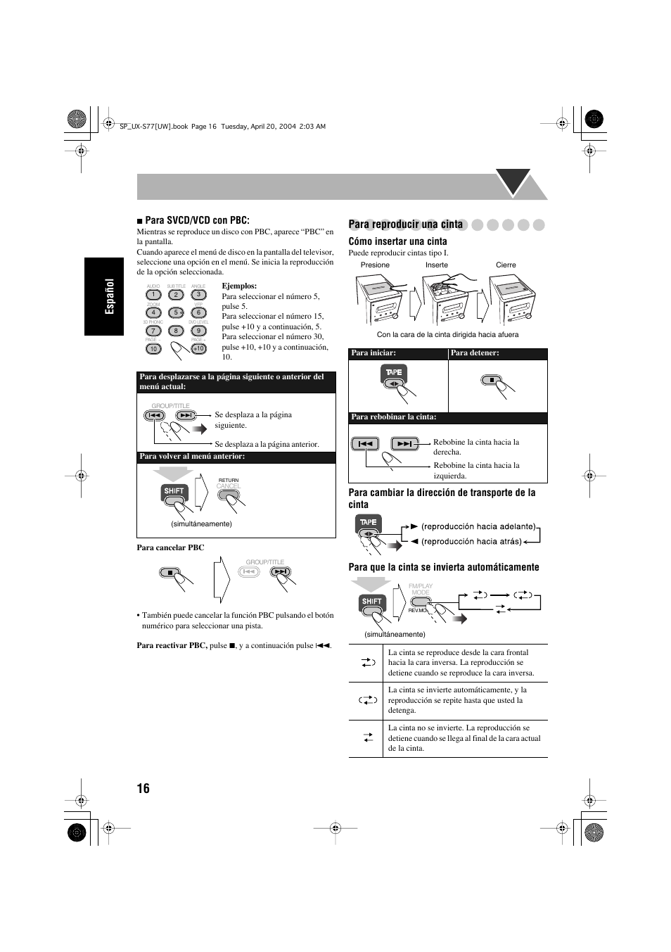Español, Para reproducir una cinta, Para svcd/vcd con pbc | Cómo insertar una cinta | JVC UX-S77 User Manual | Page 70 / 155