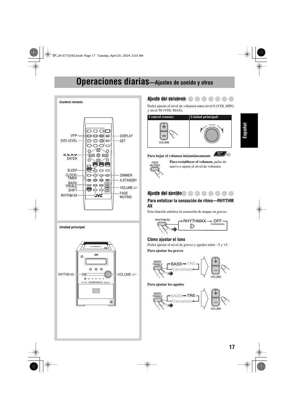 Operaciones diarias, Ajustes de sonido y otros | JVC UX-S77 User Manual | Page 71 / 155