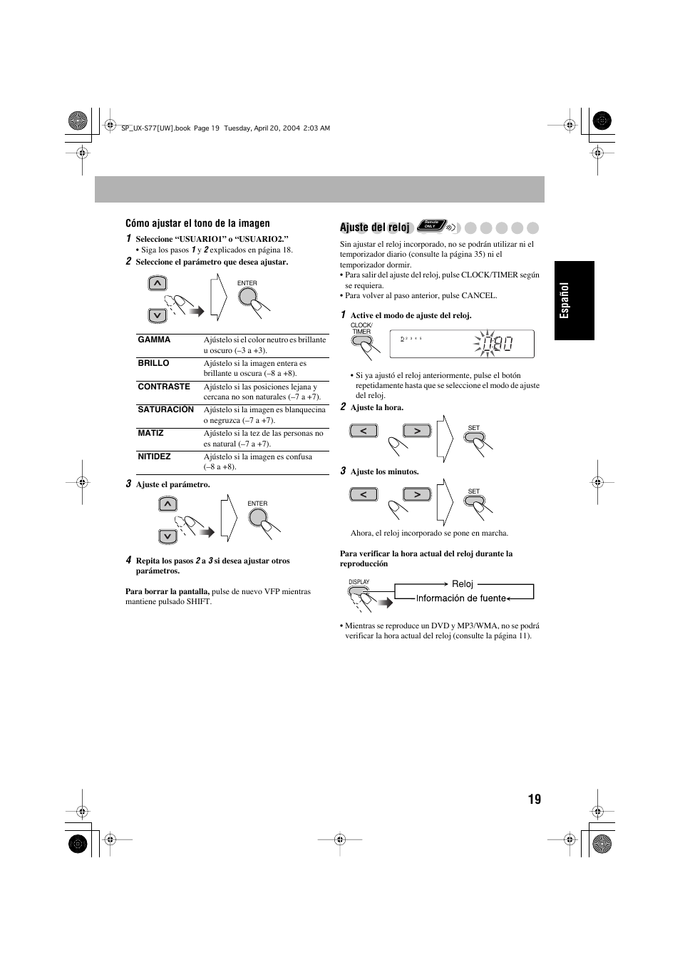 Español, Ajuste del reloj | JVC UX-S77 User Manual | Page 73 / 155