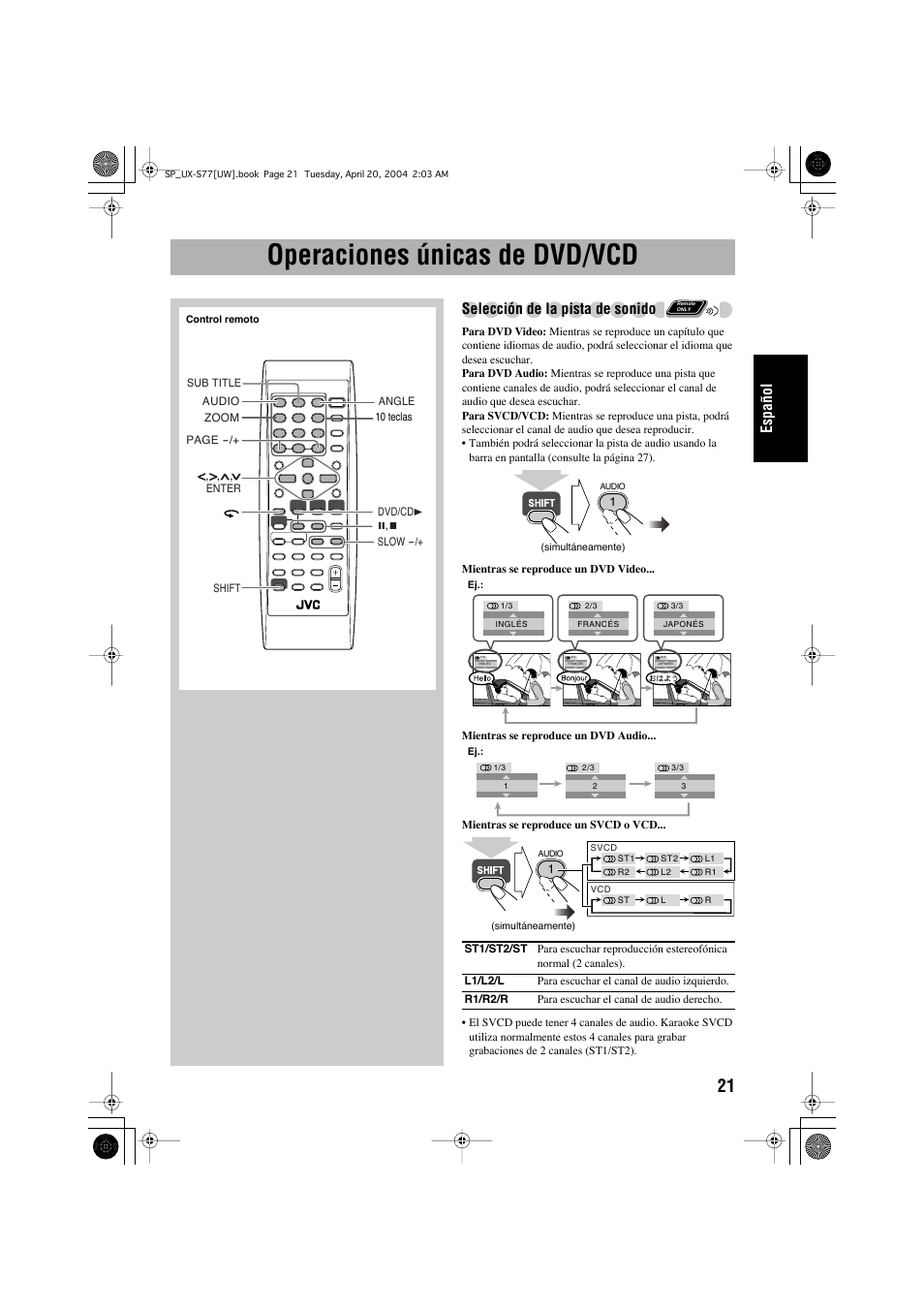 Operaciones únicas de dvd/vcd, Español, Selección de la pista de sonido | JVC UX-S77 User Manual | Page 75 / 155
