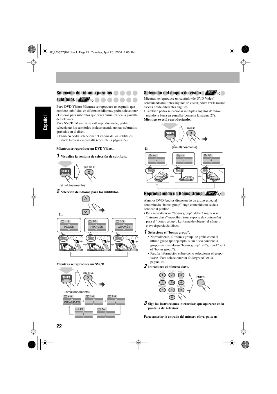 Español selección del idioma para los subtítulos, Selección del ángulo de visión, Reproduciendo un bonus group | JVC UX-S77 User Manual | Page 76 / 155