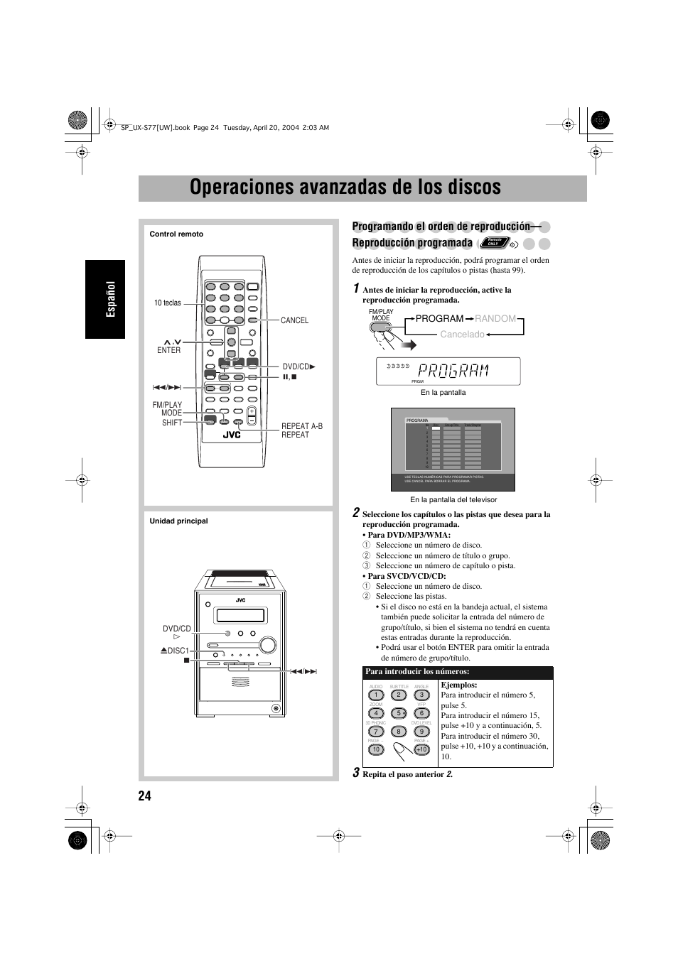 Operaciones avanzadas de los discos, Español | JVC UX-S77 User Manual | Page 78 / 155