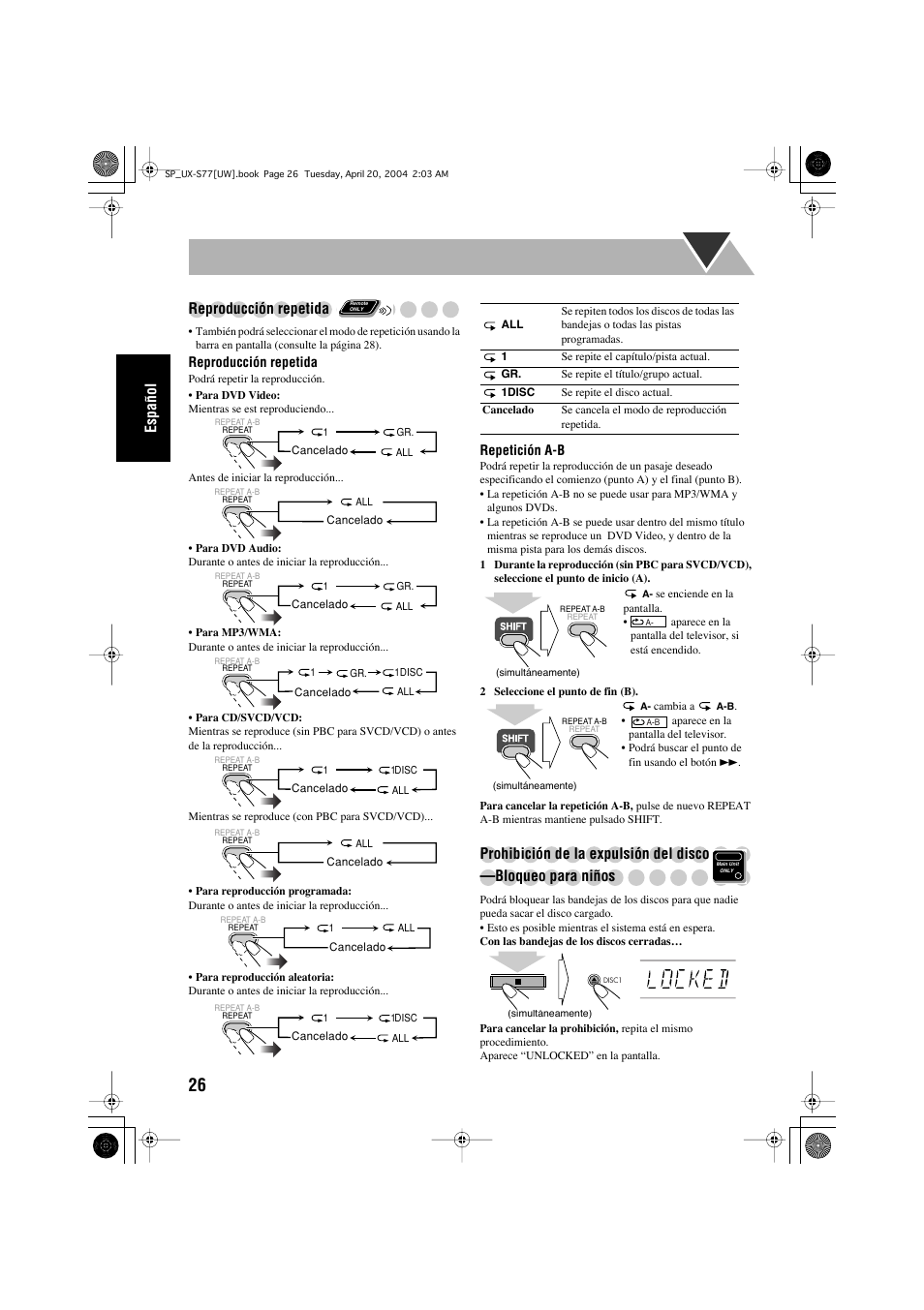 Español reproducción repetida | JVC UX-S77 User Manual | Page 80 / 155