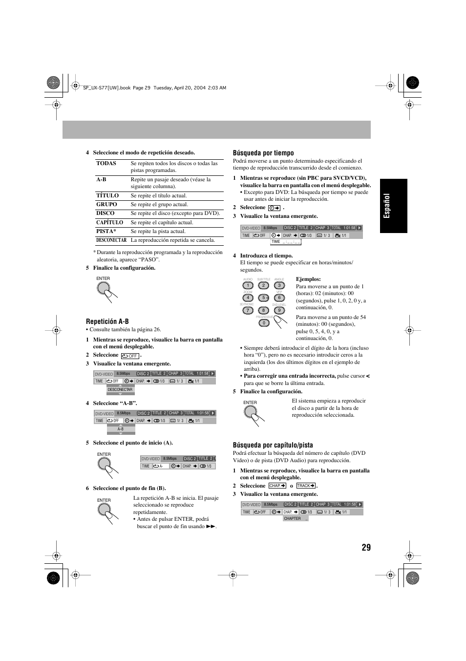 Español, Repetición a-b, Búsqueda por tiempo | Búsqueda por capítulo/pista | JVC UX-S77 User Manual | Page 83 / 155