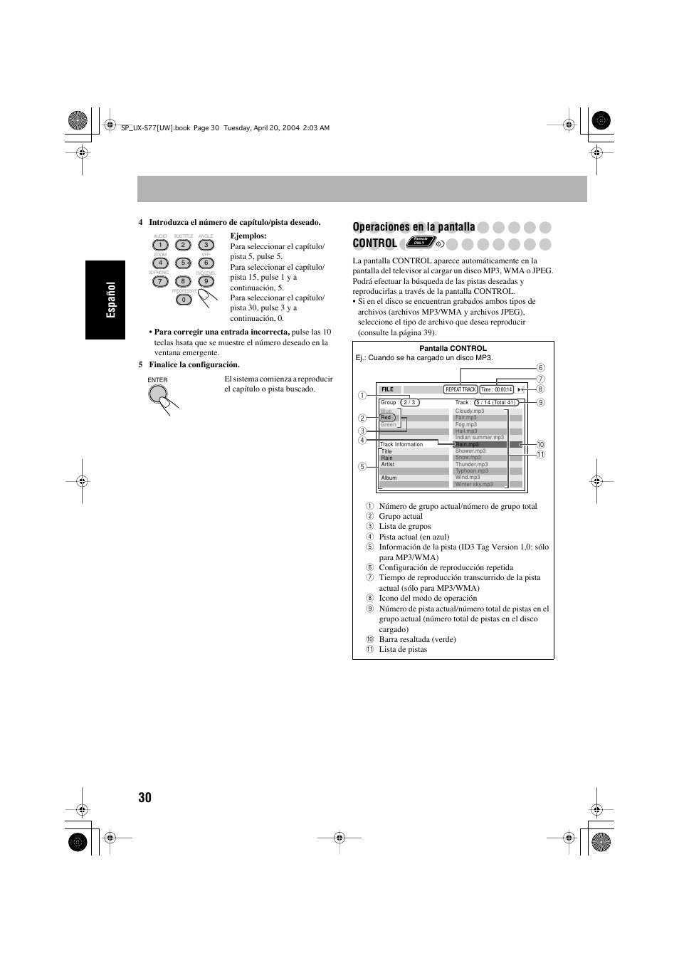 Español, Operaciones en la pantalla control | JVC UX-S77 User Manual | Page 84 / 155