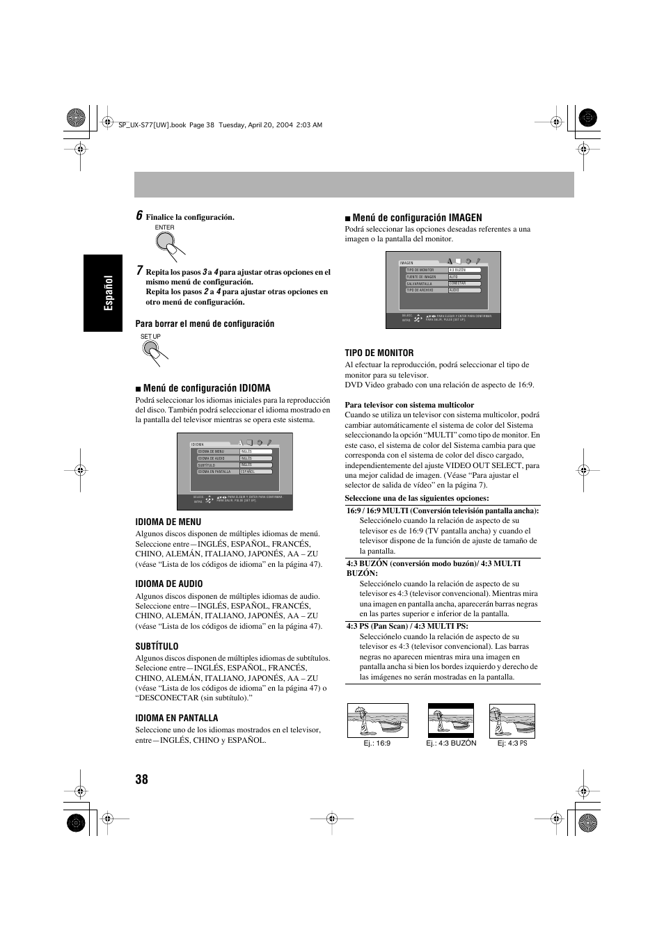 Español, Menú de configuración idioma, Menú de configuración imagen | JVC UX-S77 User Manual | Page 92 / 155