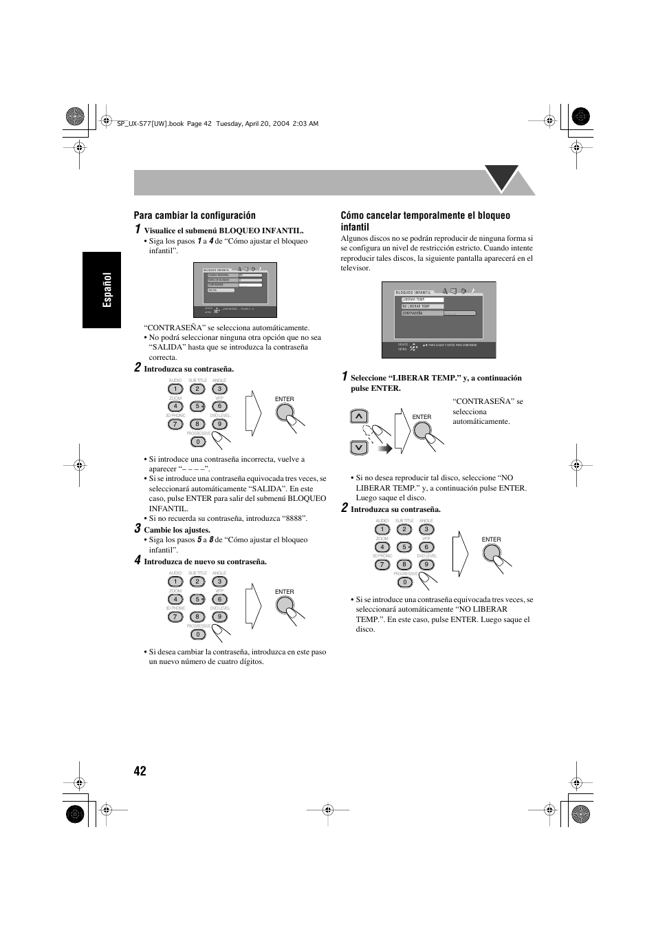Español, Para cambiar la configuración, Cómo cancelar temporalmente el bloqueo infantil | JVC UX-S77 User Manual | Page 96 / 155