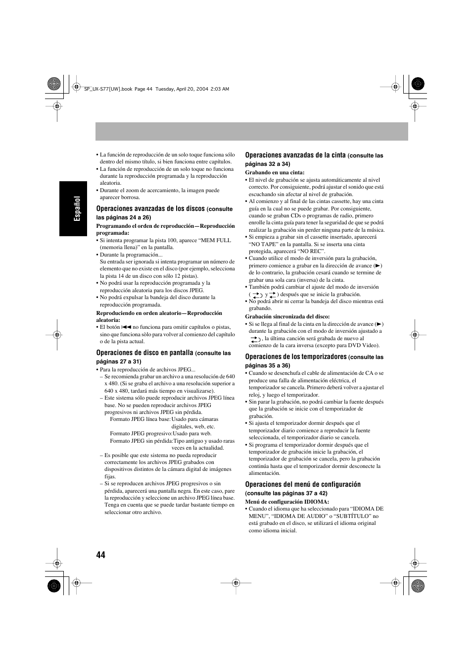 Español | JVC UX-S77 User Manual | Page 98 / 155